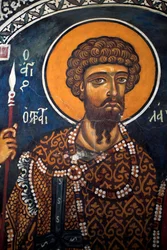 Saint Theodore Stratelates: Bysantinsk fresk från 1300-talet (1332) Phorbiotissa Virgin Church, Asinou Cypern Målade kyrkor UNESCO-plats Troodos, Cypern