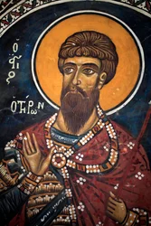 Saint Theodore Tiron: Bysantinsk fresk från 1300-talet (1332) Jungfrukyrkan Phorbiotissa, Asinou Cypern Målade kyrkor UNESCO-plats Troodos, Cypern