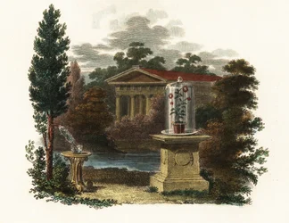Vetenskapliga uppfinningar av Stephen Hales i en trädgård.1802 (gravyr)