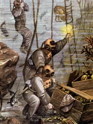 Dykare upptäcker undervattensskatt, tidigt 1900-tal (illustration)