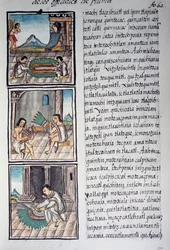Uppsättning av utsmyckningar och kejsarnas fjäderhuvudbonad, sida från Florentine Codex, tvåspråkig version på spanska och Nahuatl, General History of Things of New Spain, av den spanska missionären Fray Bernardino de Sahagun. Aztekisk civilisation