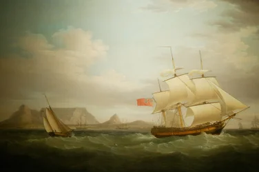 Fartyg utanför Kapstaden i Sydafrika. Nationella kulturmuseet, Pretoria, Sydafrika