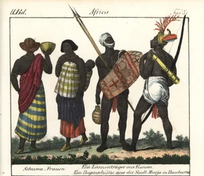 Shoua-kvinnor med en baby, ett spjut och en bågskytt från Kanem-riket (Tchad och Libyen). Litografi för boken: "Galerie complete en tableaux fideles des peuples d