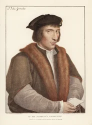Sir John Godsalve, från Norwich, Norfolk, engelsk politiker (död 1556). Handkolorerat kopparstick av Francis Bartolozzi efter Hans Holbein från faksimiler av originalteckningar av Hans Holbein, Hamilton, Adams, London