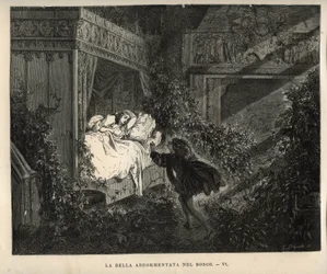 Törnrosa: prinsen upptäcker den sovande prinsessan i hundra år. Gravyr av Gustave Dore (1832-1883) från "" Les contes"" av Charles Perrault (1628-1703)