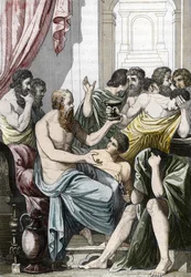 Sokrates dömd att dricka hemlock (399 f.Kr.), sent 1800-tal (gravyr)