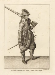 Soldat från kung James I:s tid beväpnad med en kalivare eller arquebus