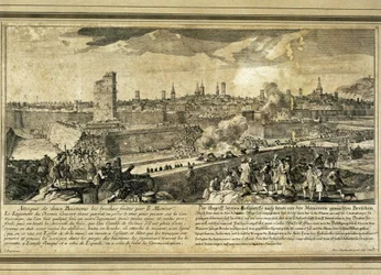 Spanien: Spanska tronföljdskriget (1714). Belägringen av Barcelona (gravyr)