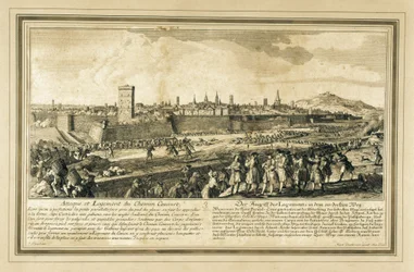 Spanien: Spanska tronföljdskriget (1714). Belägringen av Barcelona. (gravyr)