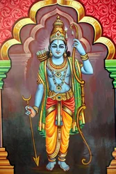 Hindutemplet Sri Vadapathira Kaliamman. Vishnus avatar. Herren Rama, 7:e inkarnationen. Singapore
