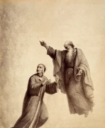 Sankt Bernhard visar Dante den välsignade rosen där Beatrice sitter. Illustration av Canto XXXI i Paradiso i Den gudomliga komedin av Dante Alighieri. Francesco Scaramuzzas verk tillägnat Florens kommun.