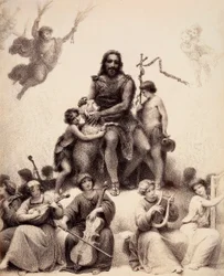 Johannes Döparen sitter, omgiven av musicerande änglar, och smeker ett lamm på dess huvud. Illustration av Canto XXXII i Paradiso i Den gudomliga komedin av Dante Alighieri. Francesco Scaramuzzas verk tillägnat Florens kommun.