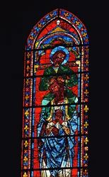 Evangelisten Johannes rider på Hesekiels axlar, lansettfönster i södra tvärskeppet, ca 1217-25 (målat glas)