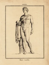 Staty av den romerske kejsaren Marcus Aurelius, Marcus Aurelius Antoninus Augustus; naken med klot och spira