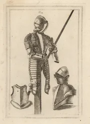 Dräkt av lutande rustning med stor vakt och lansstöd från Tower of London 1, hjälm och stor vakt 2, bröststycke av en kurass 3