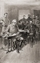 Robert E. Lee överlämnar sig till general Ulysses S. Grant, Appomattox Court House, Virginia, den 9 april