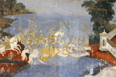 Sylver Pagoda Denna väggmålning visar scener från Reamker som är den kambodjanska eller khmeriska versionen av den klassiska hinduiska dikten Ramayana, Phnom Penh, Kambodja