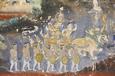 Sylver Pagoda Denna väggmålning visar scener från Reamker som är den kambodjanska eller khmeriska versionen av den klassiska hinduiska dikten Ramayana, Phnom Penh, Kambodja