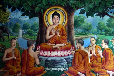 Tempelfresk föreställande Buddha med lärjungar. Kambodja