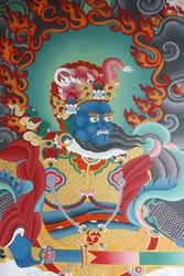 En tempelvakt som vaktar södern, vid namn Virudhaka. Kopan-klostret, Katmandu, Nepal