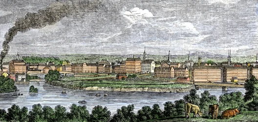 Textilfabriker längs floderna Merrimack (Merrimac) och Concord, Lowell, Massachusetts, USA på 1830-talet. Kolorerad gravyr från 1800-talet.