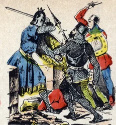 Slaget vid Taillebourg mellan Frankrikes kung Ludvig IX och hans bror greven av Poitiers Alphonse mot sina vasallrevolters vapen, Henrik III av England och Hugues X av Lusignan. Epinal-bild från 1800-talet (gravyr)