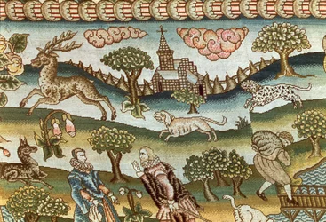 Bradford Table Carpet, detalj av hundar som jagar en hjort, broderad på linneduk i färgat siden, engelska, sent 1500-tal