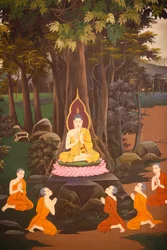 Buddha predikade sin första predikan för de fem munkarna, väggfresk, Wat Botum-templet, Phnom Penh, 2022 (foto)