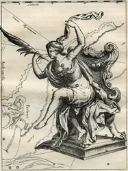 The Cassiopee of the Atlas of Hevelius (1690): Cassiopee, hustru till den etiopiske kungen Cephee, sittande på en fåtölj prydd med palmer. Gravyr från "The Stars and Other Curiosities of the Sky" av Camille Flammarion