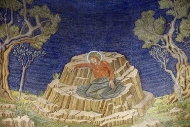 Alla nationers kyrka, även känd som Dödskampens kyrka eller basilika, Kristus i dödsångest, mosaik i basilikan i Getsemane, Jerusalem, Israel