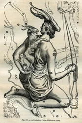 Coach of the Atlas of Hevelius (1690): Konstellationen Coach, som i höger hand håller en piska och renes och på vänster arm Chevre och två chevrals, är en av de äldsta i den grekiska sfären. Gravyr från Camille Flammarions ”Les ét