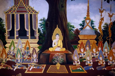 Buddhas liv, väggfresk, Wat Botum-templet, Phnom Penh, 2022 (foto)