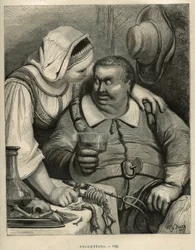 The Little Pouket: ogren och hans fru efter att ha avslutat måltiden. Gravyr av Gustave Dore (1832-1883) från "" Les contes"" av Charles Perrault (1628-1703)