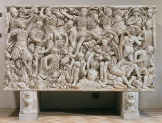 Ludovisi-sarkofagen med högreliefrepresentation av romarna som kämpar mot barbarerna, 250-80 e.Kr. (marmor)