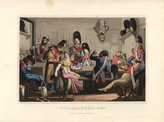 Nationalgardisterna i vaktrummen, där de dricker med marketenterskan och sprithandlaren, spelar kort och röker pipa, medan några sover - Etsning efter en illustration av Victor Auver, ur ”En tur genom Paris”, utgiven av William Sams