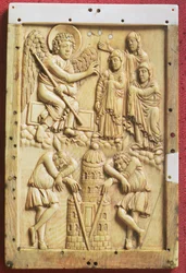The Three Maries at the Tomb, snidad plakett, School of Palace of Charlemagne, franska (elfenben)
