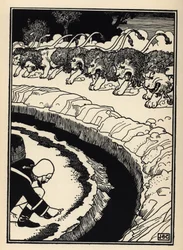 Baronen försvarar sig från angrepp av lejon genom att sätta eld på krut. Illustration av William Strang (1859-1921) och JB Clark från "The Adventures of the Baron of Munchausen (Munchhausen) av Rudolf Erich Raspe (1736-1794) (1789)