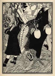Baronen upptäcker de stora fåglarna och rotisna på träden i USA. Illustration av William Strang (1859-1921) och JB Clark från "The Adventures of the Baron of Munchausen (Munchhausen) av Rudolf Erich Raspe (1736-1794) (1789)