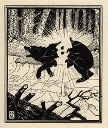 Baronen spränger en svart björn med två flintstenar. Illustration av William Strang (1859-1921) och J. B. Clark ur „Baron Munchausens äventyr (Munchhausen)” av Rudolf Erich Raspe (1736-1794) (1789)