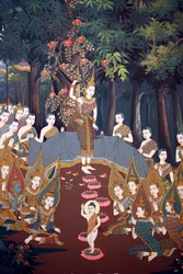 Födelsen av spädbarnet Siddhartha, väggfresk, Wat Botum-templet, Phnom Penh, 2022 (foto)