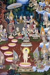 Födelsen av spädbarnet Siddhartha, väggfresk, Wat Maniratanaram-klostret, Phnom Penh, 2022 (foto)