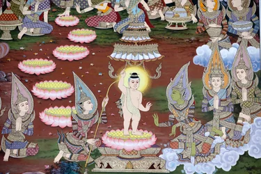 Födelsen av spädbarnet Siddhartha, väggfresk, Wat Maniratanaram-klostret, Phnom Penh, 2022 (foto)