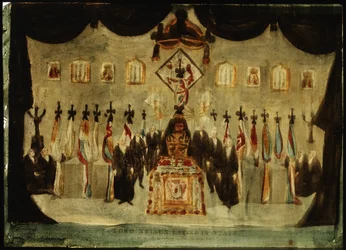 Horatio Nelsons (1758-1805) kropp vilar i Painted Hall i det tidigare Royal Naval College i Greenwich under begravningen på den tredje dagen; det svarta lakanet som täcker kistan avlägsnas och svartklädda vakter står på båda sidor
