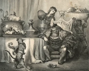 Stövelkatten möter Ogre. Gravyr av Gustave Dore (1832-1883) från "" Les contes"" av Charles Perrault (1628-1703)