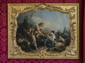 Den självbelåtne pastorn eller buren. Målning av Francois Boucher (1703-1770). Prinsessans parad eller paradrum. Hotel de Soubise, Paris