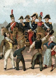 Kung Karl X:s (1757-1836) intåg i Paris 1824 med utropet "det finns ingen förändring alls i Frankrike". 1800-talet (kromolitografi)