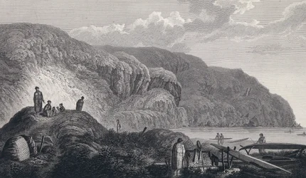 Invånarna i Oonalashka (eller Unalaska, Alaska, USA) och deras hem. Gravyr från slutet av 1700-talet, efter John Webber (1751-1793).