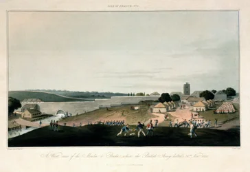 Île de France (Mauritius), västlig vy över kvarnen i Pondre, där den brittiska armén var stationerad den 30 november 1810. Etsning i färger
