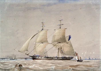 Segelbåten HMS "Rolla", först sedd till havs. Akvarell förstärkt med vitt