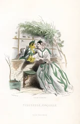 Knölvialen och en påsklilja uppvaktas på en trädgårdsbänk intill en mur - Eau forte av Charles Geoffroy (1819-1882), efter en illustration av Jean Ignace Isidore Gerard dit J.J.Granville (1803-1847), för Les fleurs animees